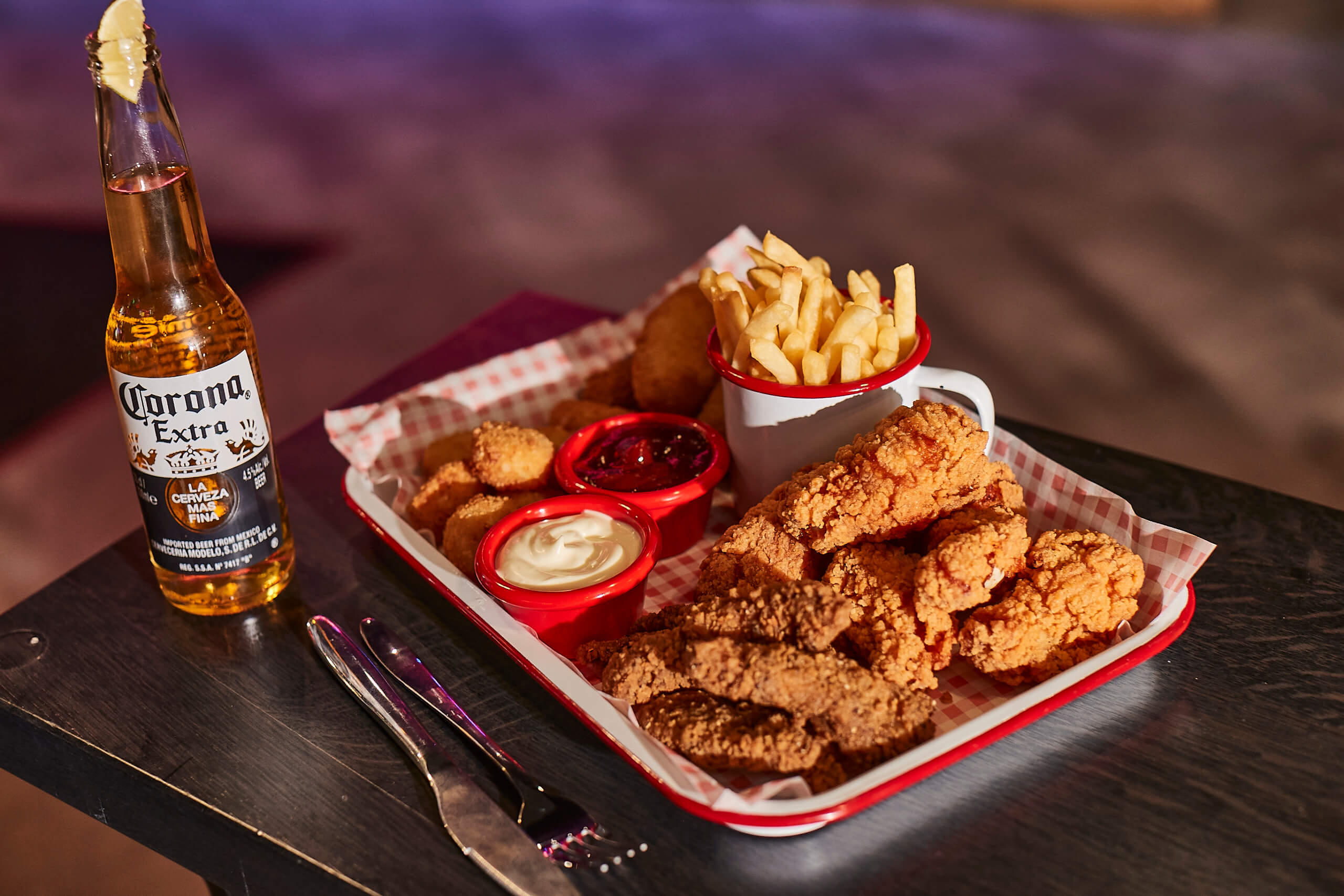 Chicken Chips Sauces Corona Beer Meal Tenpin 2
