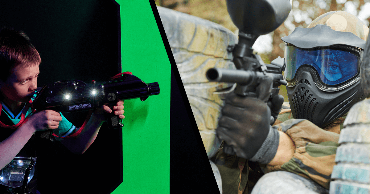 Man Holding Paintball Gun And Young Boy Holding Laser Tag Gun (1)