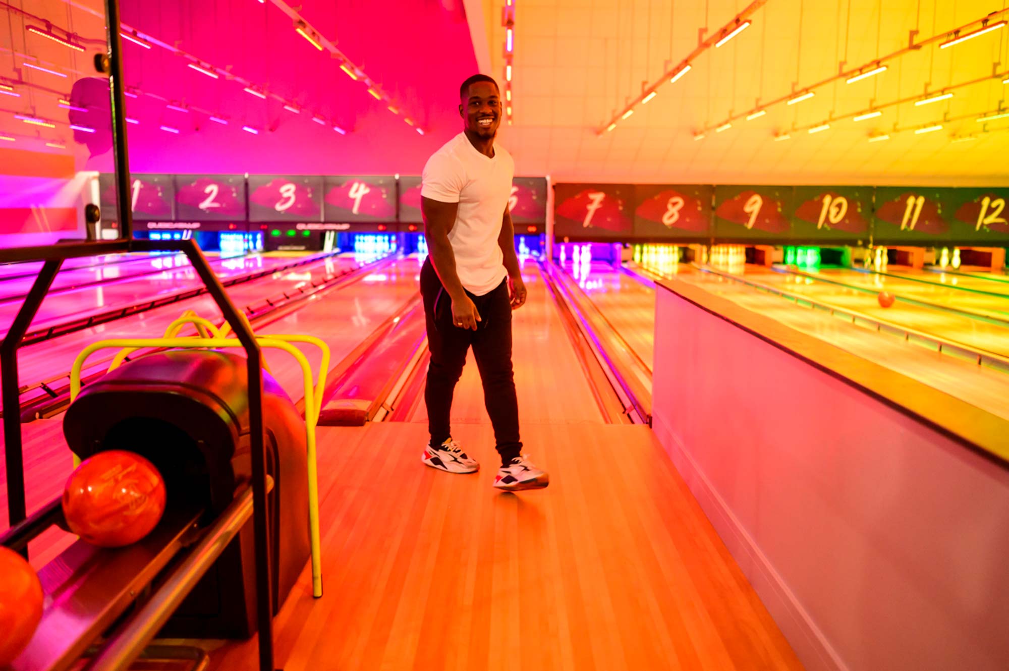 Dudley bowling lanes and man smiling